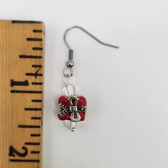 Handmade Red Present Earrings with Crystal – 1.5" Dangle - Picture 3 of 9